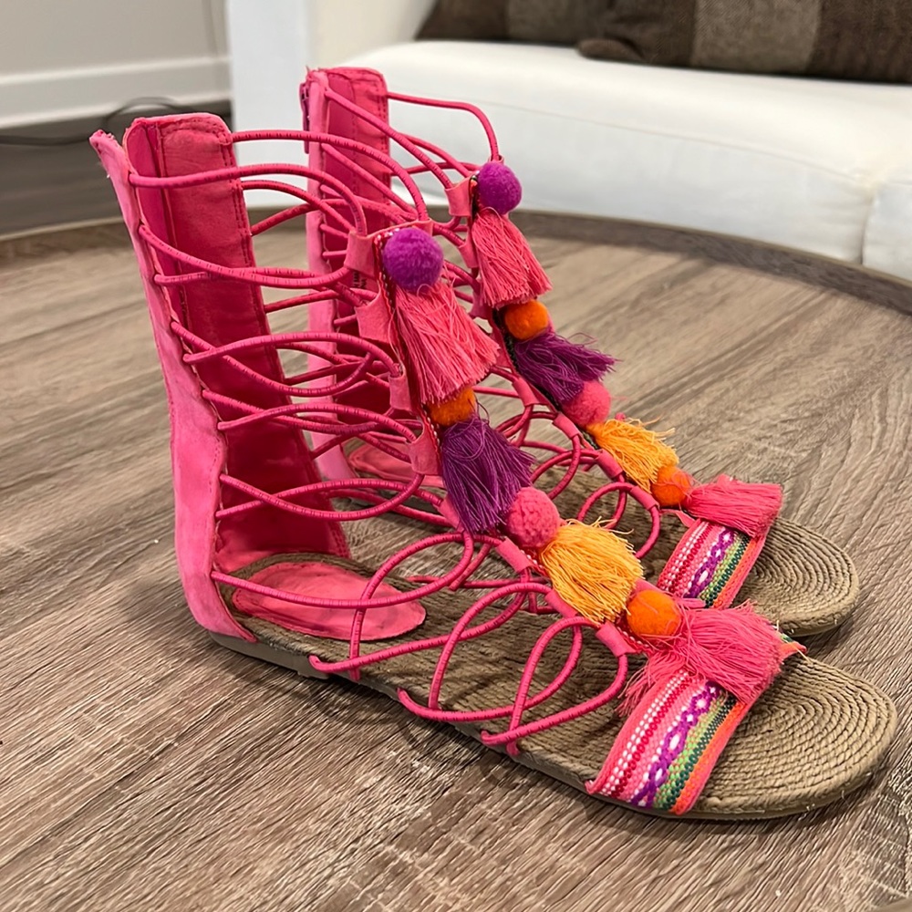 Mia Gladiator Pom Tassle Sandles, girls size 3, bright multicolor.